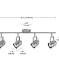 Westmore 4 Light Track Lighting System in Brushed Nickel Finish with dimensions displayed; modern industrial style.