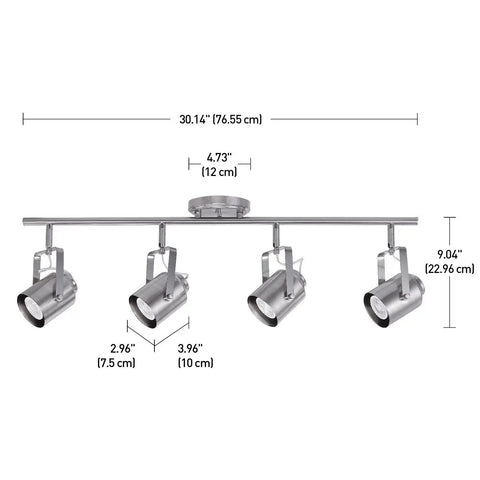Westmore 4 Light Track Lighting System in Brushed Nickel Finish with dimensions displayed; modern industrial style.