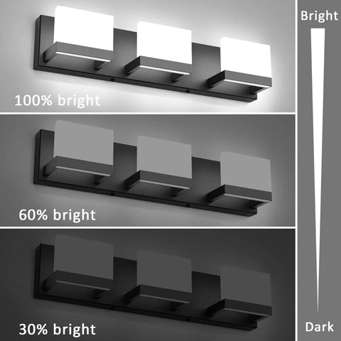 Three Light Black Dimmable LED Vanity Light For Bathroom Up And Down Wall Fixture Over Mirror With Frosted Acrylic Shade 6000K Cool White