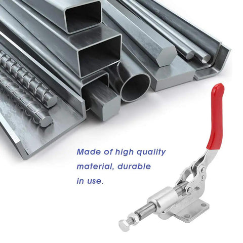 Solid Workpiece Hold Vertical Toggle Clamp With Push Pull Action, Heavy Duty Hand Latch For Welding Riveting Sheet Metal And Circuit Boards, Quick Fixed Grip That Rocks. Vertical metal toggle clamp with red handle securing steel workpieces