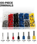 1200-piece terminal set in assorted colors with 22-10 AWG sizes; part of Ratcheting Ferrule Crimping Tool Set With Hex Pliers For 10-22 AWG Wire, Includes 1200 Terminals And Soft Carrying Case, All In One Electrical Crimping Kit For Secure 360 Degree Crimps.