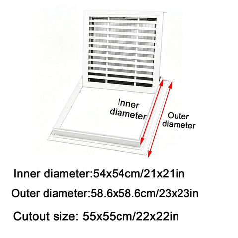 Ceiling Access Panel With Built In Filter Grid Louvered Hinged Vent Cover For Drywall Ceilings, showing inner and outer dimensions.