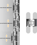 2 Pack Hidden Door Hinges 7 Inch Heavy Duty 180 Degree Swing 3D Concealed Cross Hinge Zinc Alloy Silver 88 Lb Load Bearing