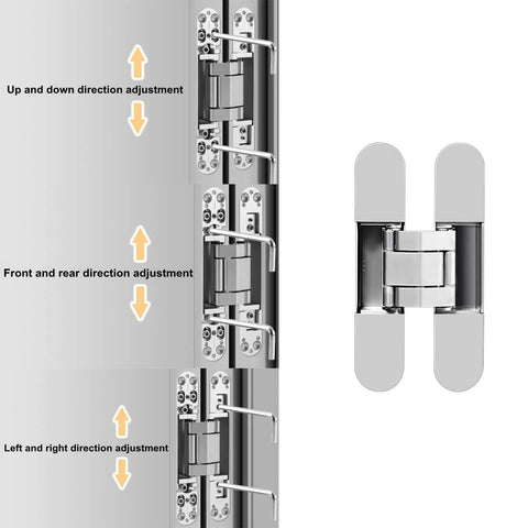2 Pack Hidden Door Hinges 7 Inch Heavy Duty 180 Degree Swing 3D Concealed Cross Hinge Zinc Alloy Silver 88 Lb Load Bearing