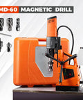 Heavy Duty Magnetic Drill Press Featuring A Powerful 1500W Motor And Super Tight Grip For Steady 2-3/8 Inch Cutting Width With Double Speed Settings Making Big Hole Drilling A Breeze On Steel with accessories in view.