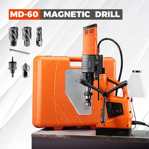 Heavy Duty Magnetic Drill Press Featuring A Powerful 1500W Motor And Super Tight Grip For Steady 2-3/8 Inch Cutting Width With Double Speed Settings Making Big Hole Drilling A Breeze On Steel with accessories in view.