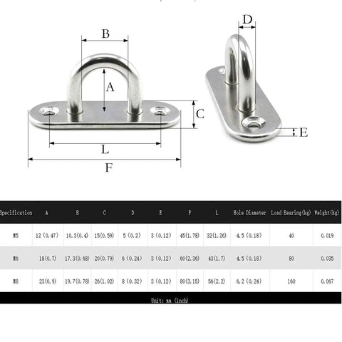 Rock Solid M8 Stainless Steel Ceiling And Wall Mount Hooks For Outdoor Hammocks And Patio Swings, U-shaped design dimensions.