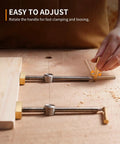 Three Quarter Inch Bench Dog Clamp Set For Woodworking Adjustable Workbench Stop Low Profile Clamp Kit For Fast Holddowns And Custom Bench Tops Ideal For Home Workshops And Professional Shops, brass jaws in use
