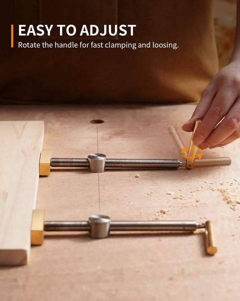 Three Quarter Inch Bench Dog Clamp Set For Woodworking Adjustable Workbench Stop Low Profile Clamp Kit For Fast Holddowns And Custom Bench Tops Ideal For Home Workshops And Professional Shops, brass jaws in use