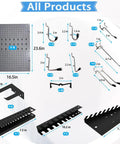 Components of the Ultimate Garage Storage System With Wall Cabinets, Steel Pegboard And Wood Workbench, Tools Organizer shown.