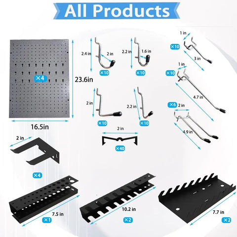 Components of the Ultimate Garage Storage System With Wall Cabinets, Steel Pegboard And Wood Workbench, Tools Organizer shown.