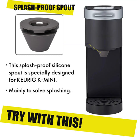 Silicone Anti Splash Nozzle Spout Guard for Mini Coffee Maker attached to Keurig K-Mini, designed to keep countertops clean, gray color.