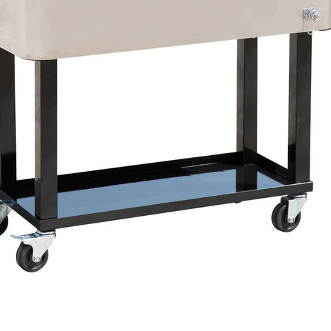 Close-up of base with wheels on Massive 80 Quart Stainless Steel Patio Cooler Rolling Party Cart For Outdoor Entertaining