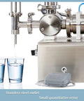 Heavy Duty Pneumatic Filling Machine With Stainless Steel Hopper For Liquids And Pastes Automatic Manual Control pouring into two glasses.