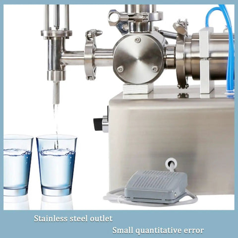 Heavy Duty Pneumatic Filling Machine With Stainless Steel Hopper For Liquids And Pastes Automatic Manual Control pouring into two glasses.