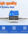 Half Inch Hose ID Barb Ball Valve With 304 Stainless Steel Construction Dual 13mm Barb Fittings, blue handle visible.