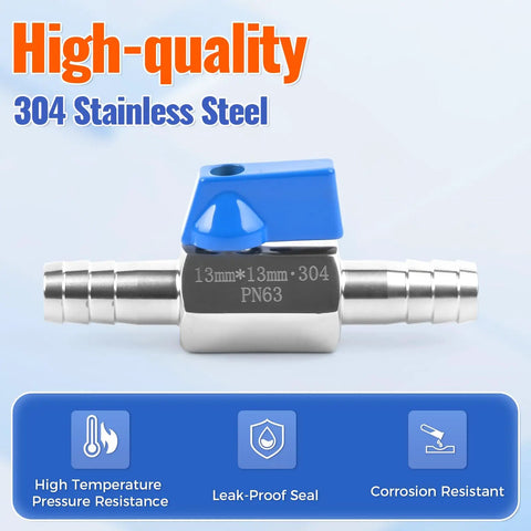 Half Inch Hose ID Barb Ball Valve With 304 Stainless Steel Construction Dual 13mm Barb Fittings, blue handle visible.