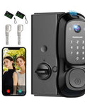 Video Smart Lock With Camera And Three In One Smart Deadbolt For Front Doors, black, includes phone app, IC cards, and keys.