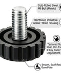 Game Change Your Wobbly Floors With These Heavy Duty Furniture Leveling Feet Adjustment Screws Rock Solid Stub Legs Black Metal Screw Mounts One Inch Base 12 Kit No Sweat Fix For Beds And Couches close-up of threaded M8 bolt with plastic housing and textured grip
