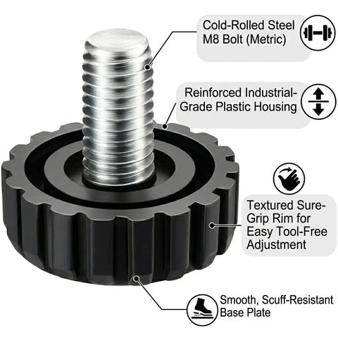 Game Change Your Wobbly Floors With These Heavy Duty Furniture Leveling Feet Adjustment Screws Rock Solid Stub Legs Black Metal Screw Mounts One Inch Base 12 Kit No Sweat Fix For Beds And Couches close-up of threaded M8 bolt with plastic housing and textured grip