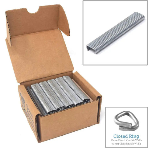 Nine Sixteenth Inch Galvanized Hog Rings Pack Of 2500 for Hog Ringer Tool, open box showing metal rings, close-up detail.