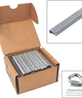 Box of 9/16-inch stainless steel hog rings showing magazine strips for Hog Ring Tool And 9/16 Inch Stainless Steel Hog Rings Set (2500).