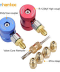 Front view of Gohantee R1234yf quick coupler with red high-side and blue low-side caps, valve core remover, 4 adapters.