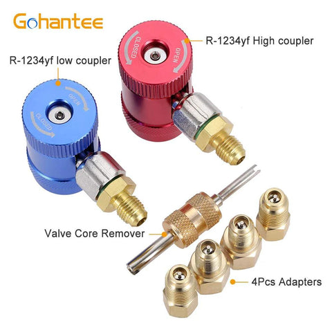 Front view of Gohantee R1234yf quick coupler with red high-side and blue low-side caps, valve core remover, 4 adapters.