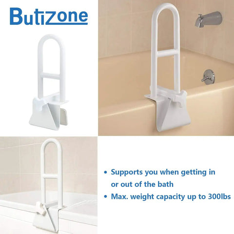 Sturdy Heavy Duty Tub Grab Bar Safety Rail with adjustable clamp handle attached to bathtub, medical grade support for seniors.