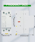 Silent Heavy Duty 40A AC DC Contactor 2 Pole 2NO With 120V Coil size dimensions displayed on a white background.