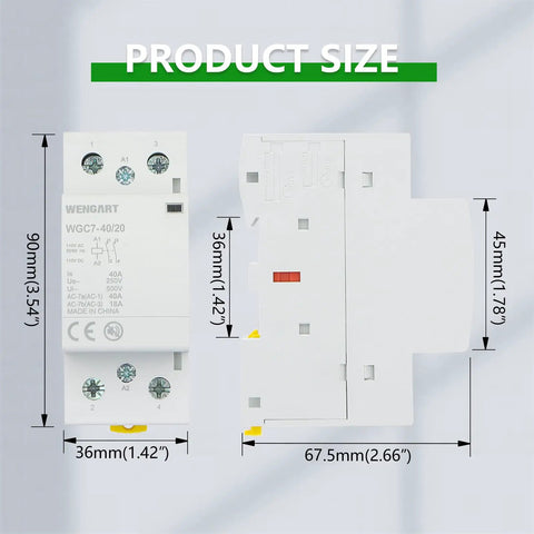 Silent Heavy Duty 40A AC DC Contactor 2 Pole 2NO With 120V Coil size dimensions displayed on a white background.