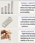 Compression springs assortment: 420 stainless steel springs in 24 sizes; row of coils, close-up, and a hand holding a spring.