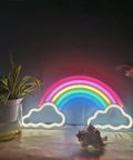 Colorful rainbow 3D Acrylic Neon LED Sign For Bedroom And Bar, USB Powered Wall Decor Night Light, with potted plant and shell decor