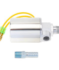 Air Horn Solenoid Valve One Quarter Inch NPT For 12V And 24V DC Systems, chrome plated metal housing, side view