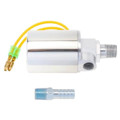 Air Horn Solenoid Valve One Quarter Inch NPT For 12V And 24V DC Systems, chrome plated metal housing, side view