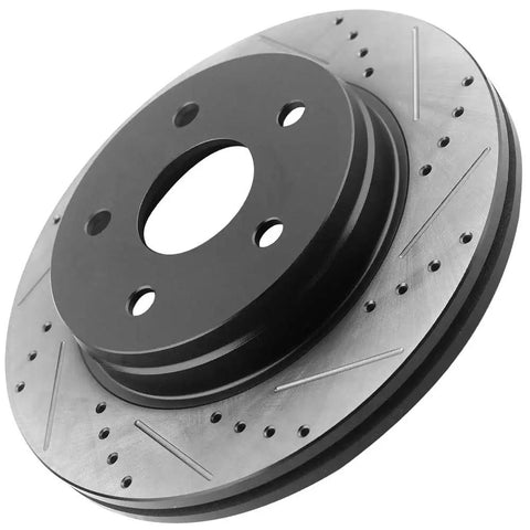 Close-up of Ram 1500 Front Brake Rotors And Ceramic Pads Kit Drilled And Slotted With E Coating for performance upgrade.