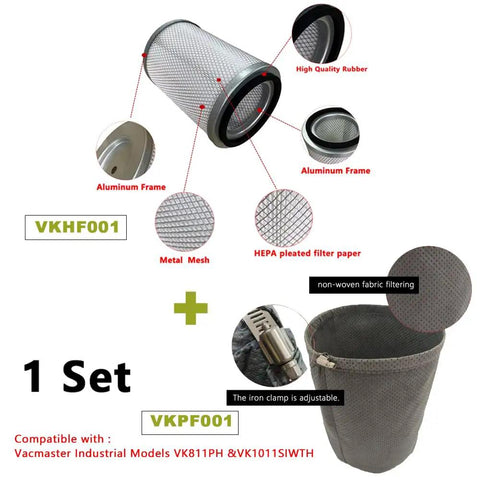 Cartridge Vacuum HEPA Filter VKHF001 And Pre Filter VKPF001 With Clamp For Vacmaster Industrial VK811PH And VK1011SIWTH