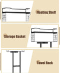 All Black 31 Inch Wall Mounted Towel Rack With Floating Wood Shelf And Top Basket, Holds 6 Large Rolled Towels Plus Toiletries