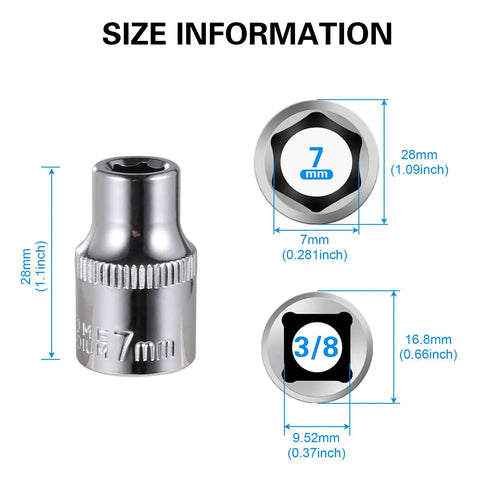 10 Piece 7mm Shallow Sockets Set With Three Eighths Inch Drive 6 Point Corrosion Resistant Durable Gear size details