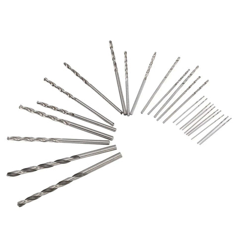 Micro Twist Drill Bit Set 25Pcs HSS Straight Shank Mini Drill Bits 0.5 to 3 Millimeters 9 Sizes spread on white background