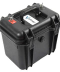 Dead Serious Waterproof Battery Box For 12 Volt Lithium Agm And Sealed Lead Batteries, rugged black housing with handle.