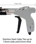 Side view of stainless steel cable tie gun with automatic cutter and adjustable tension, dimensions 17.8cm x 13.4cm.