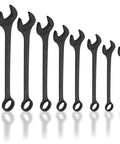 Jumbo Combination Wrench Set, 10-Piece Open-End And 12-Point SAE Wrenches for Large Vehicles, Black Oxide Finish displayed in row
