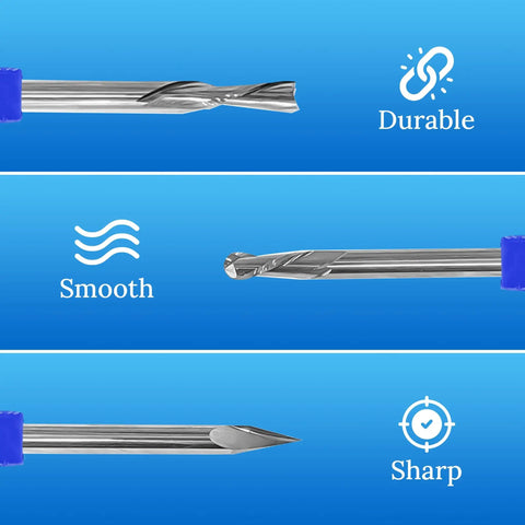 Complete CNC Router Bit Set For Woodworking, Nine Solid Carbide Bits With One Quarter Inch Shanks, close-up on bit tips