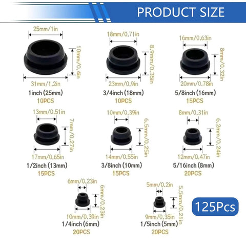 Diagram showing eight sizes of 125 Pcs Rubber Grommets Plugs Set Eight Varied Sizes Soft T Shaped Stopper Plugs with measurements.
