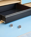 Two 4 Pcs Zinc Alloy Folding Table Hinges Concealed Round Edge on blue surface near open cabinet drawer
