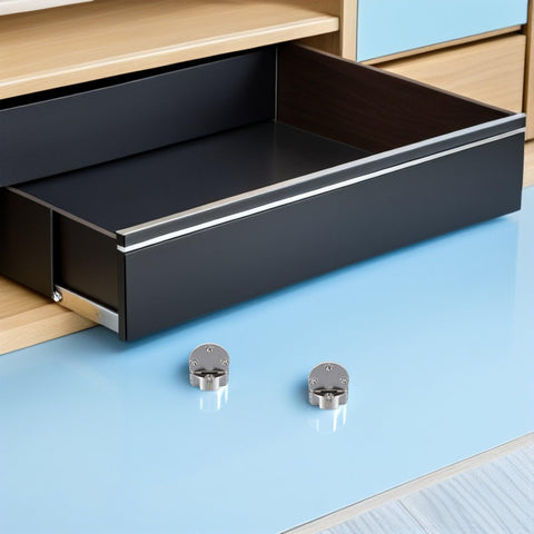 Two 4 Pcs Zinc Alloy Folding Table Hinges Concealed Round Edge on blue surface near open cabinet drawer