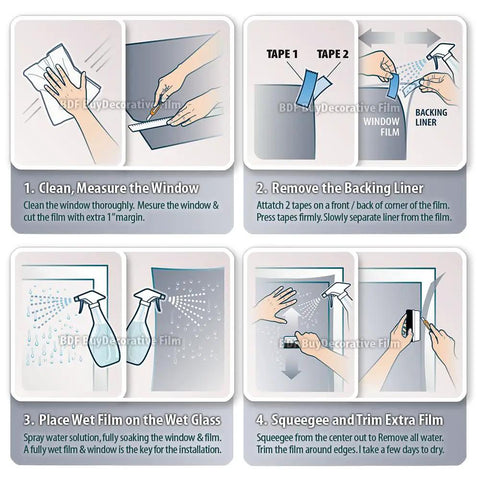 Illustrated installation guide for Heavy Duty Window Film For Home Safety 4 Mil Clear Security Shield For Interior Install 24 Inch By 13 Foot Keeps Glass In One Piece After Break-Ins ANSI Z97.1 Class B And CPSC 1 Ready