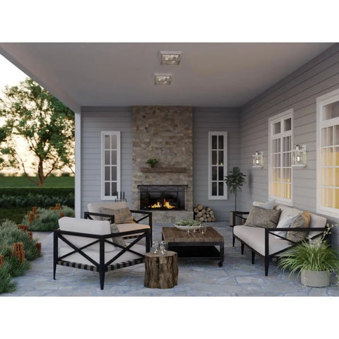Outdoor porch with Two Light Barlowe Collection Stainless Steel Outdoor Flush Mount Ceiling Light With Clear Seeded Glass Farmhouse Style