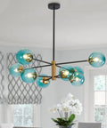 Blue Glass Globe Sputnik Chandelier 8 Light Modern Pendant Fixture For Dining Room Living Room Island Kitchen And Bedroom With Mid Century Vibe And Metal Frame installed in a bright room.